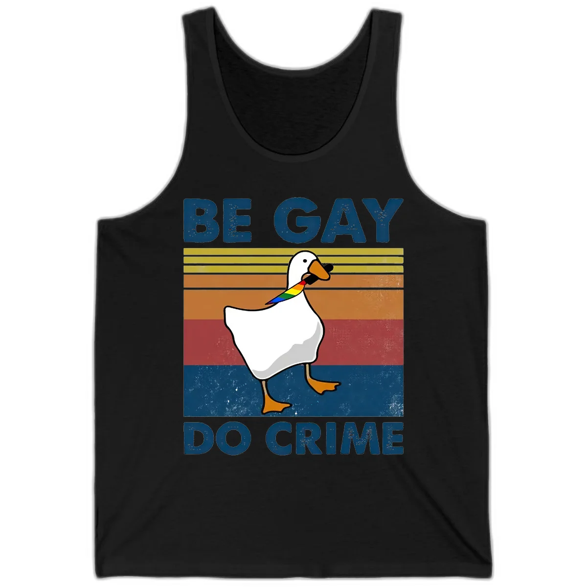 White duck with rainbow wing on retro striped background with 'Be Gay Do Crime' text, pride design in Black