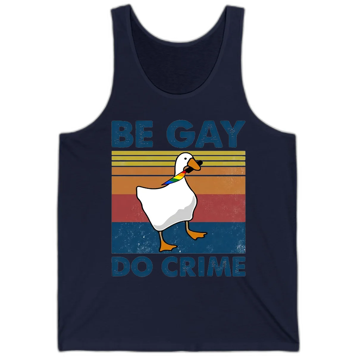 White duck with rainbow wing on retro striped background with 'Be Gay Do Crime' text, pride design in Navy