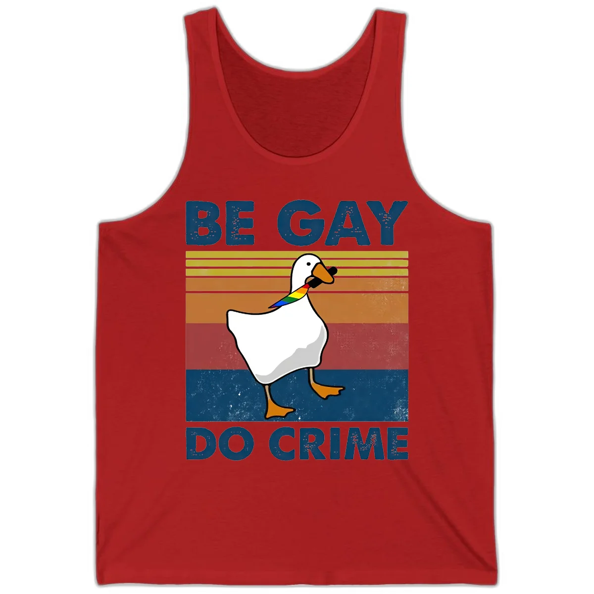 White duck with rainbow wing on retro striped background with 'Be Gay Do Crime' text, pride design in Red