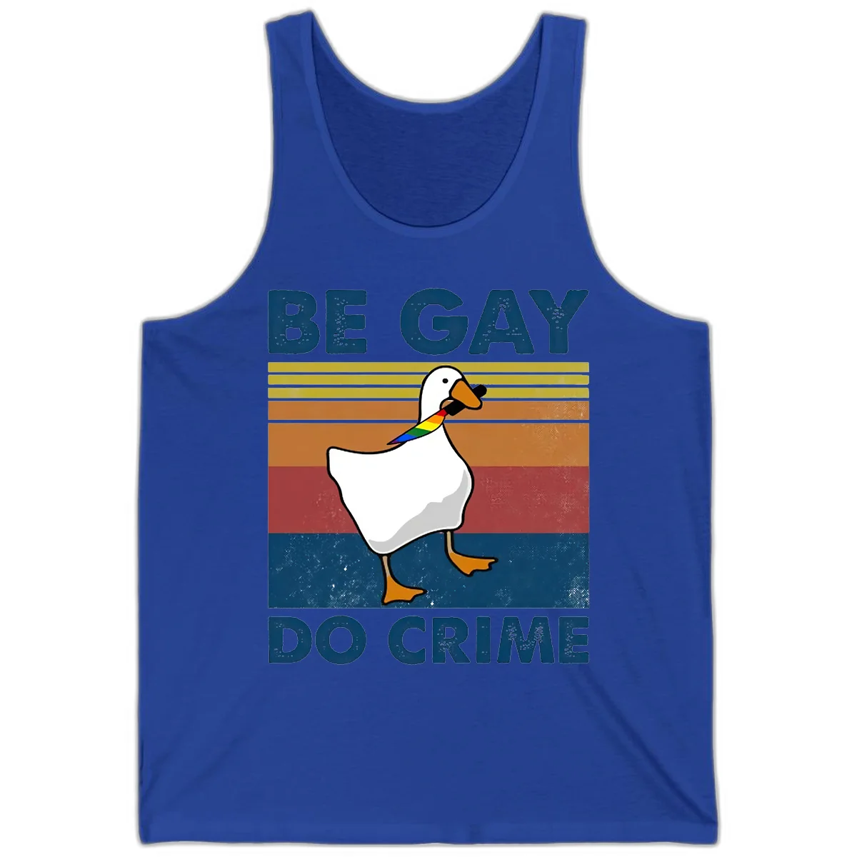 White duck with rainbow wing on retro striped background with 'Be Gay Do Crime' text, pride design in True Royal