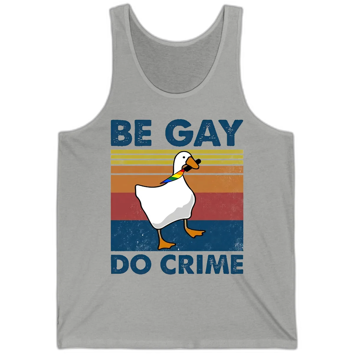 White duck with rainbow wing on retro striped background with 'Be Gay Do Crime' text, pride design in Athletic Heather
