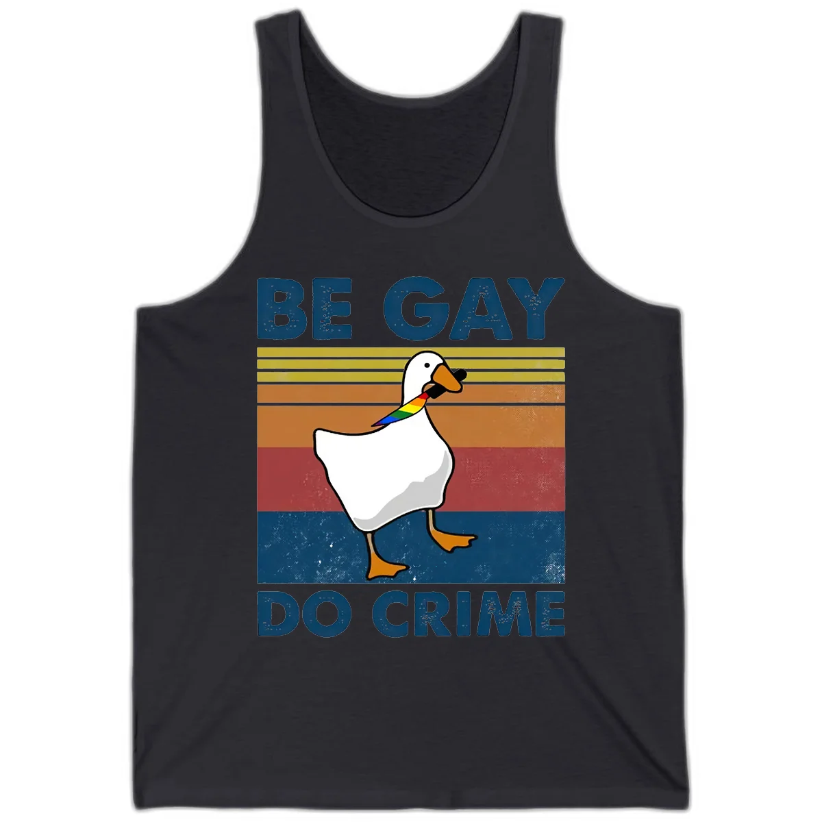 White duck with rainbow wing on retro striped background with 'Be Gay Do Crime' text, pride design in Dark Grey