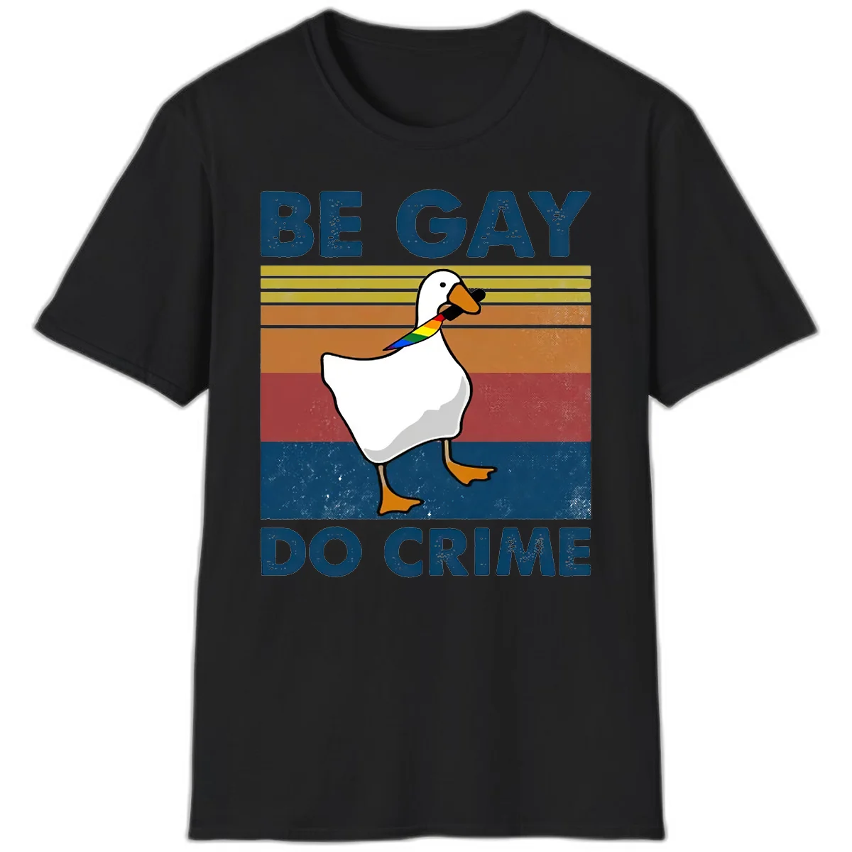 White duck with rainbow wing on retro striped background with 'Be Gay Do Crime' text, pride design in Black