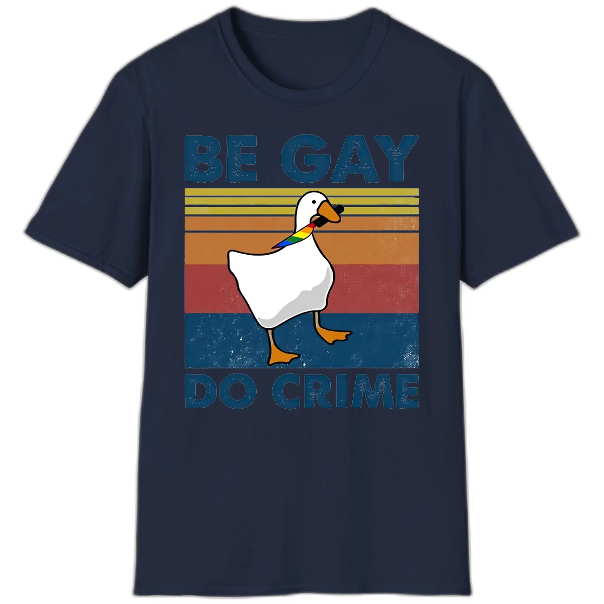 White duck with rainbow wing on retro striped background with 'Be Gay Do Crime' text, pride design in Navy