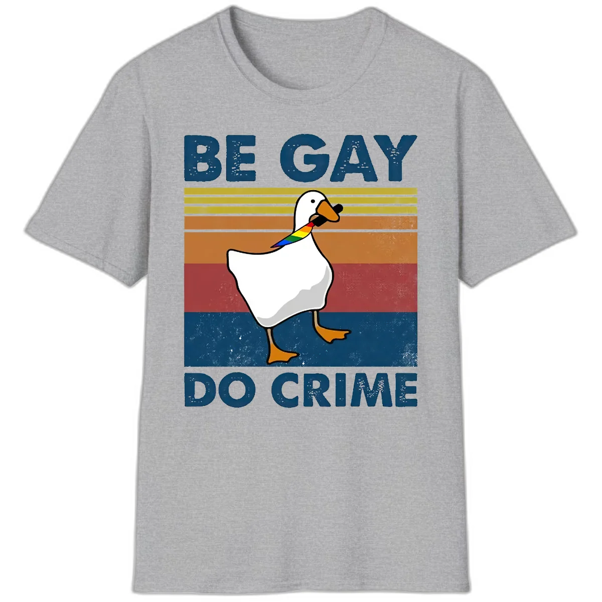 White duck with rainbow wing on retro striped background with 'Be Gay Do Crime' text, pride design in Sport Grey