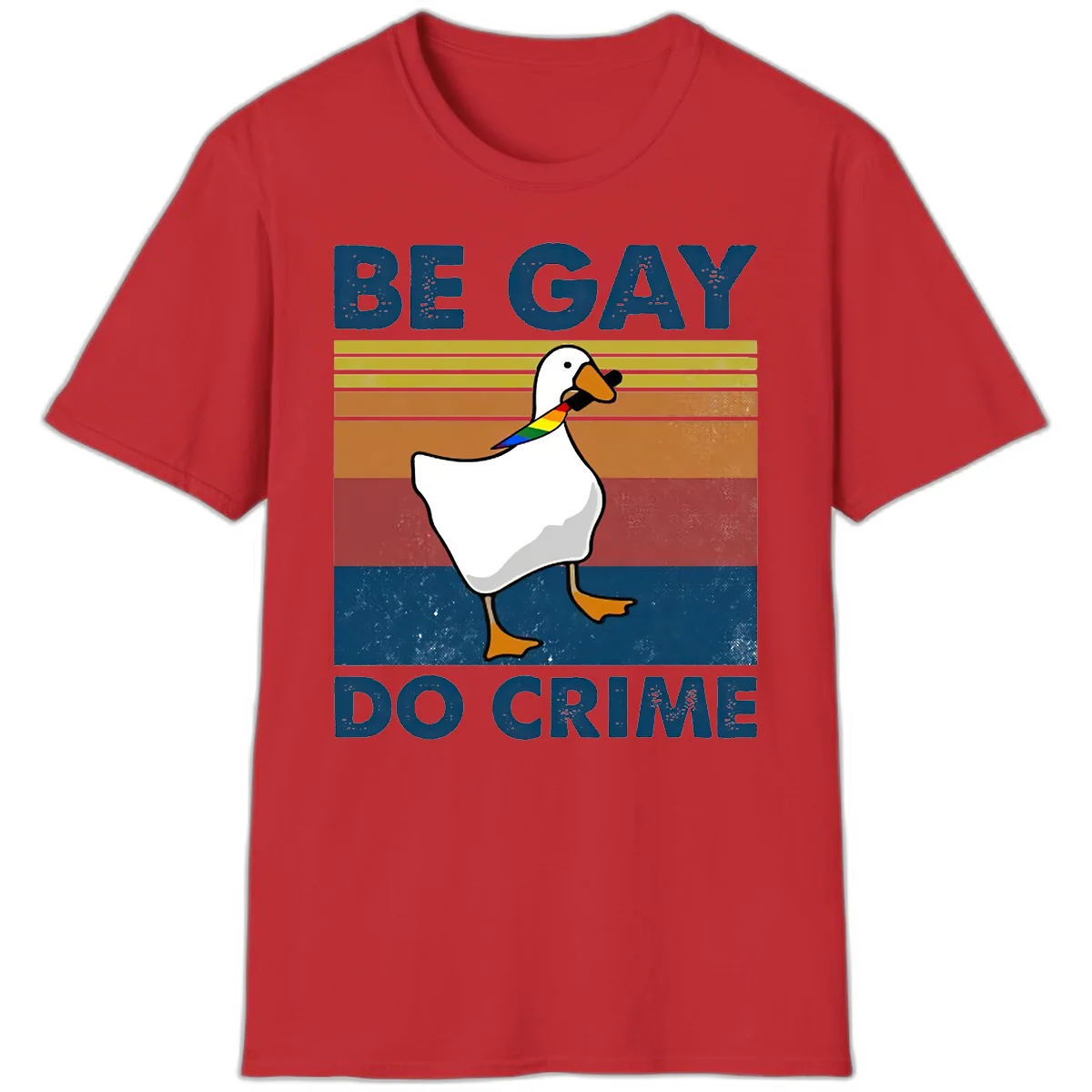 White duck with rainbow wing on retro striped background with 'Be Gay Do Crime' text, pride design in Red