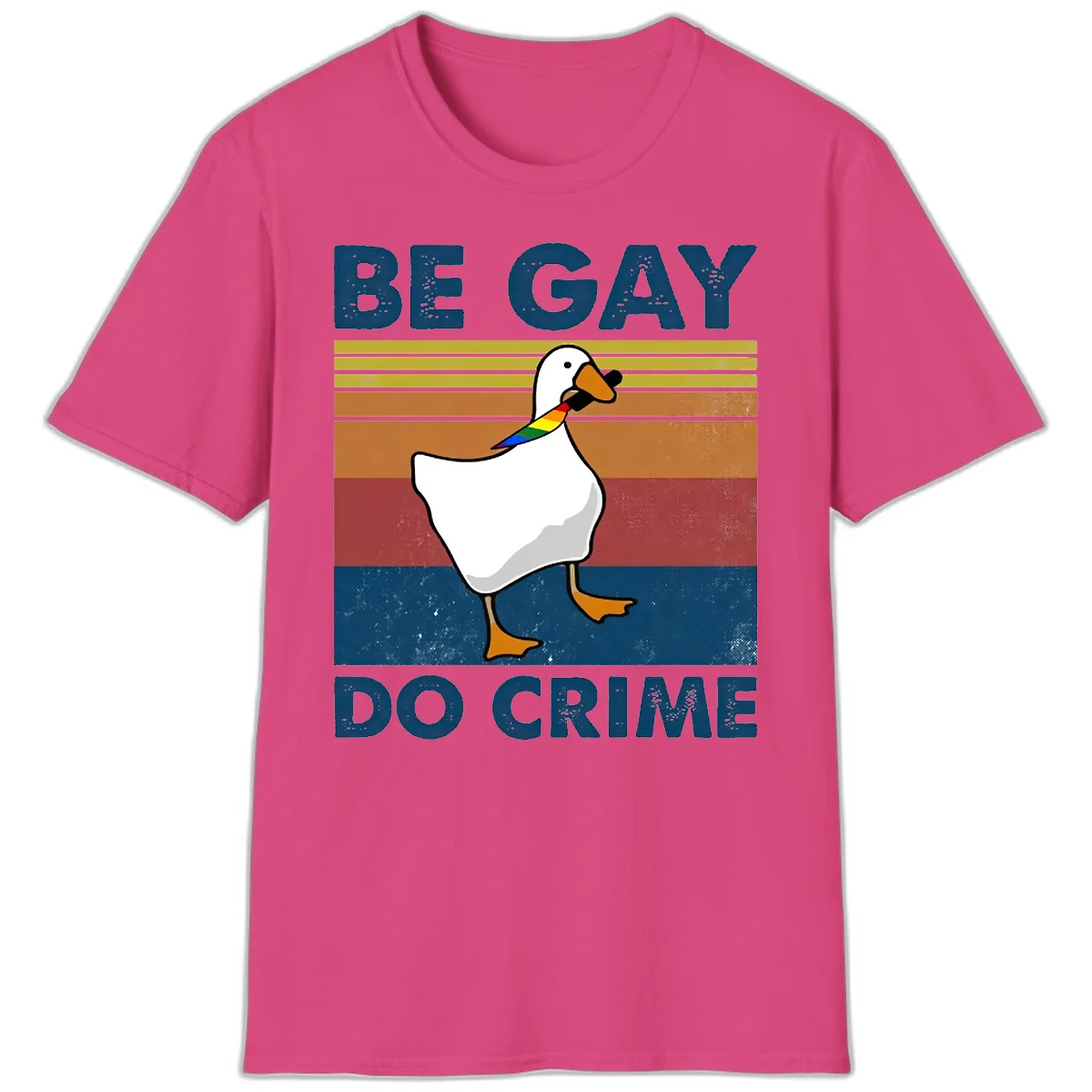 White duck with rainbow wing on retro striped background with 'Be Gay Do Crime' text, pride design in Heliconia