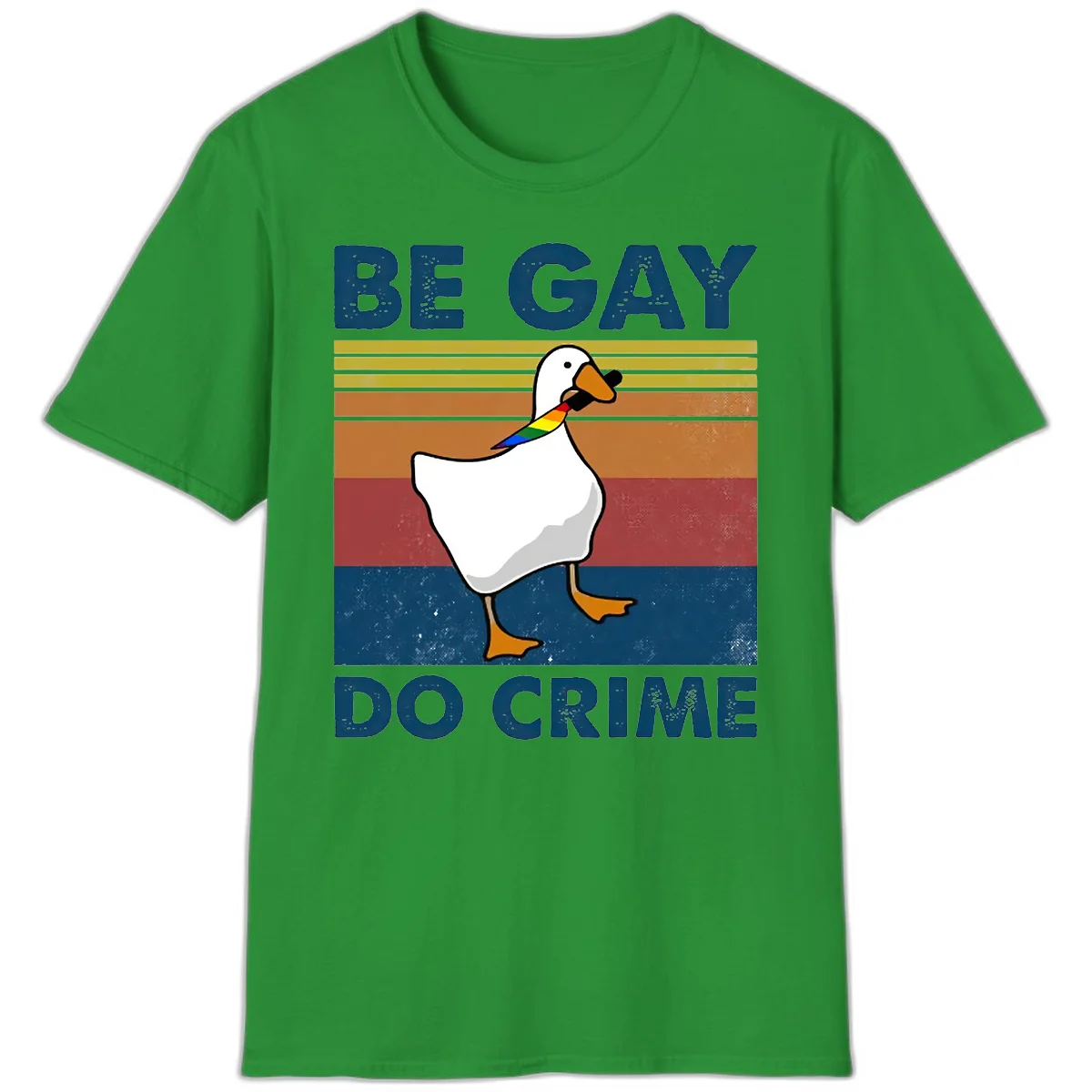 White duck with rainbow wing on retro striped background with 'Be Gay Do Crime' text, pride design in Irish Green