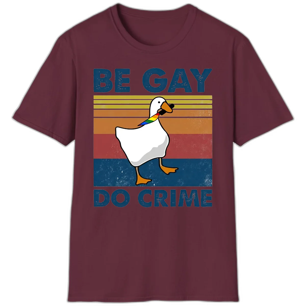 White duck with rainbow wing on retro striped background with 'Be Gay Do Crime' text, pride design in Maroon