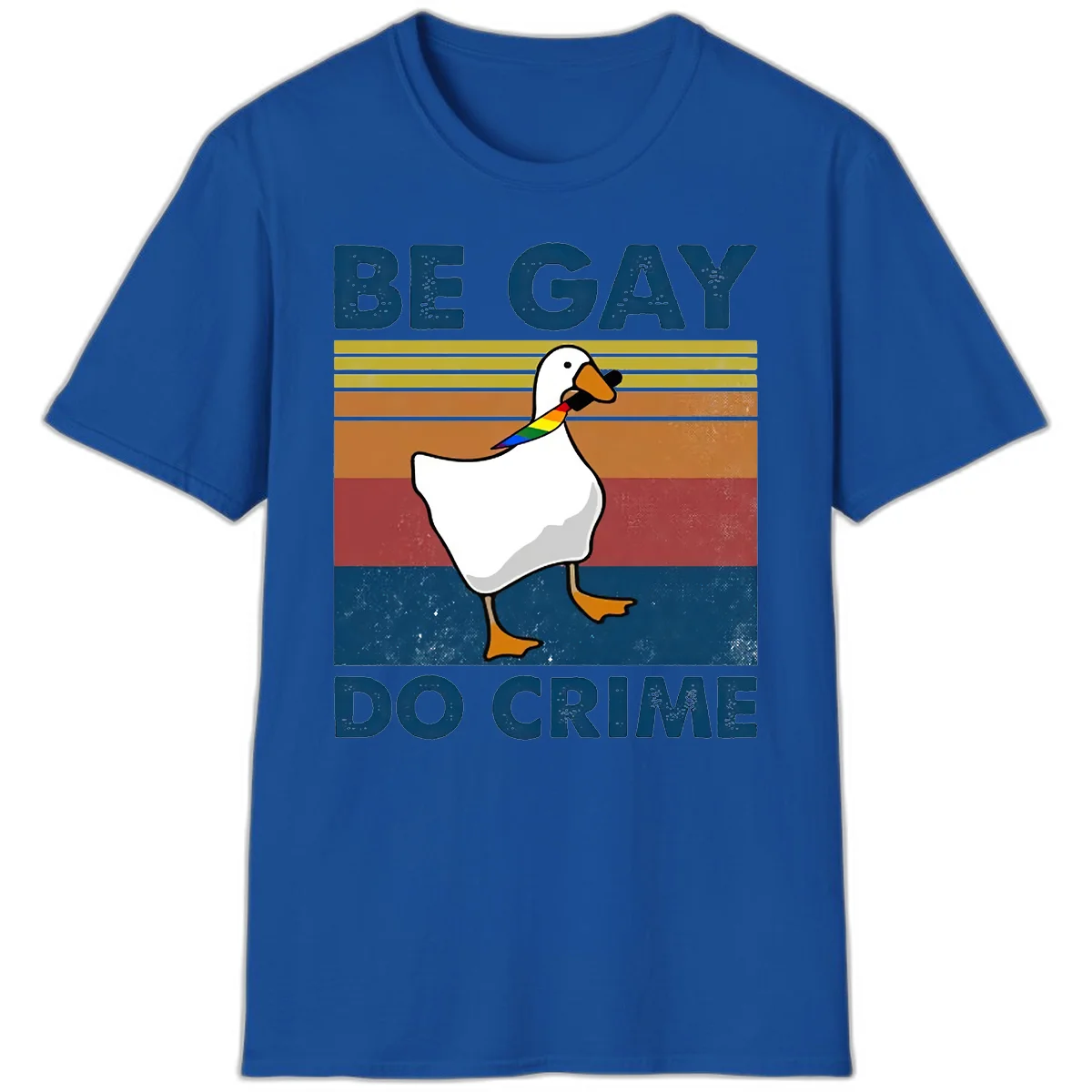 White duck with rainbow wing on retro striped background with 'Be Gay Do Crime' text, pride design in Royal