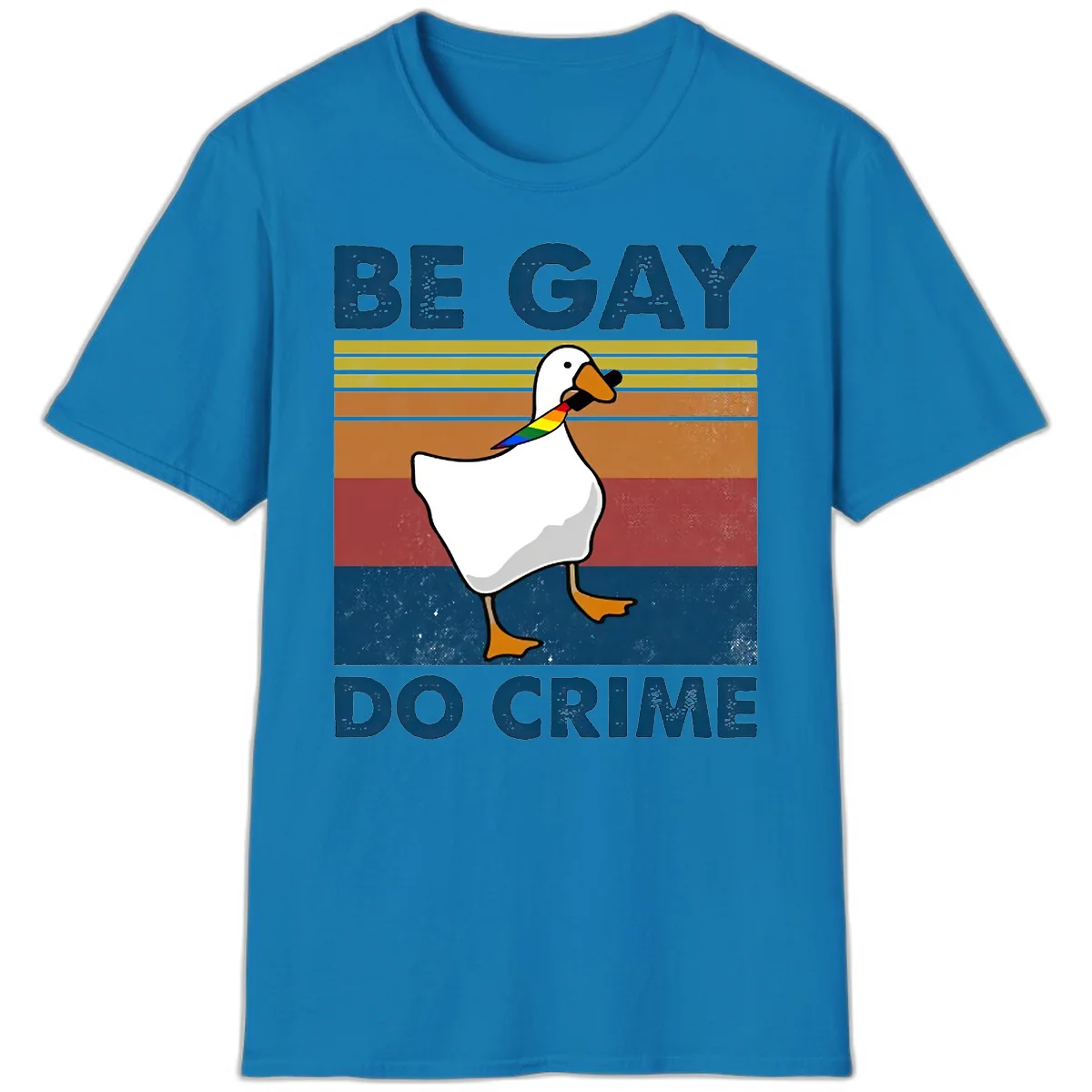 White duck with rainbow wing on retro striped background with 'Be Gay Do Crime' text, pride design in Sapphire