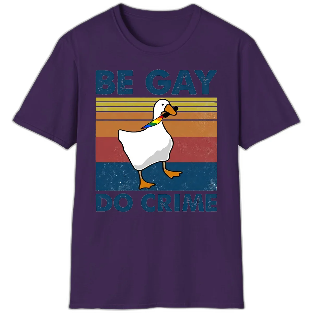 White duck with rainbow wing on retro striped background with 'Be Gay Do Crime' text, pride design in Purple
