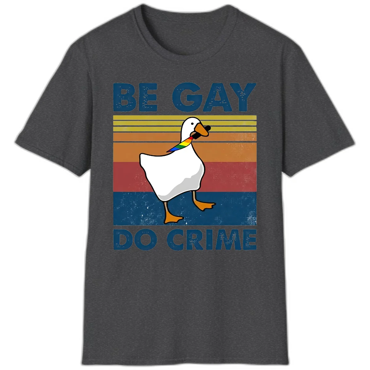 White duck with rainbow wing on retro striped background with 'Be Gay Do Crime' text, pride design in Dark Heather