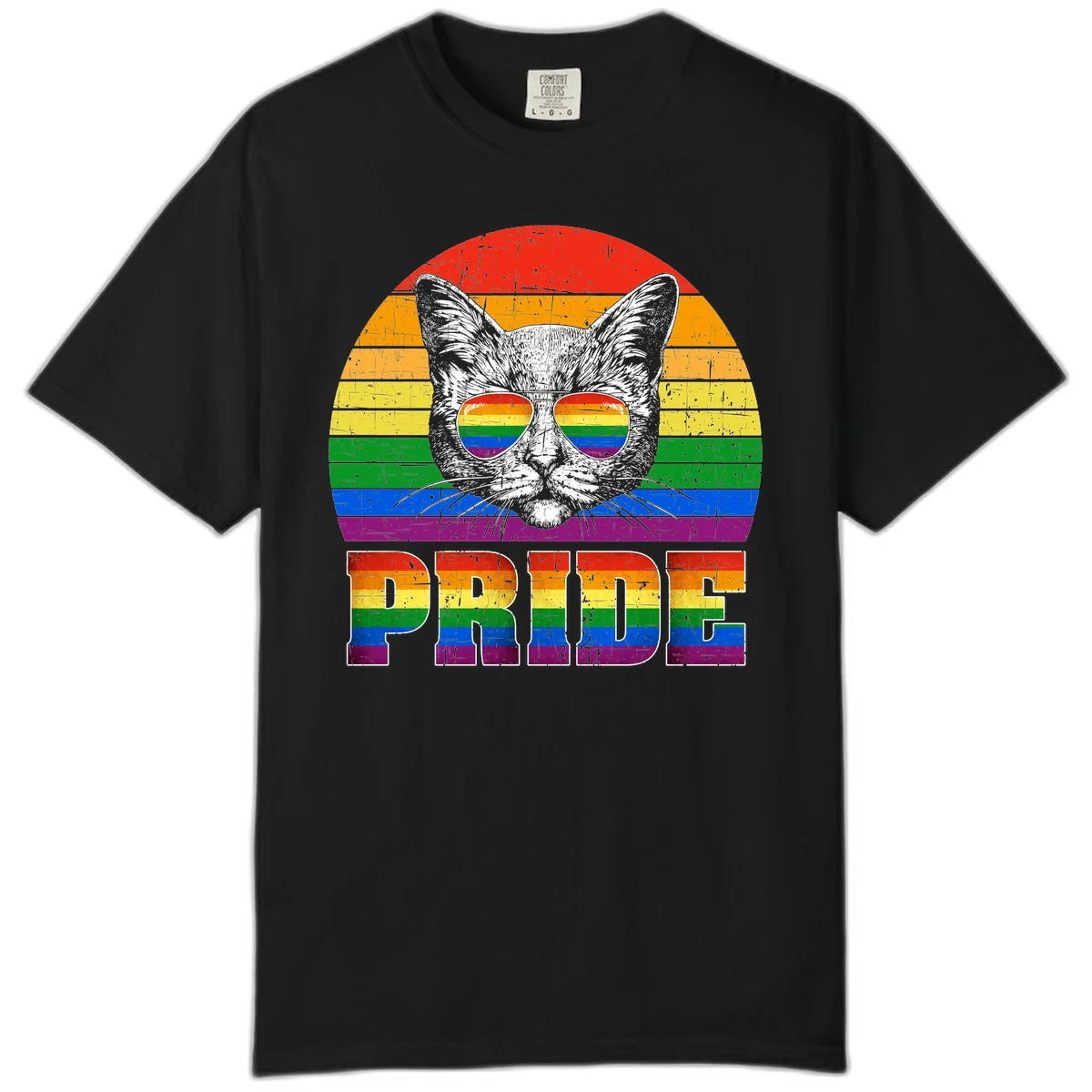 Illustration of a cool cat wearing rainbow-reflective sunglasses with the word PRIDE below, set against a rainbow striped background in Black