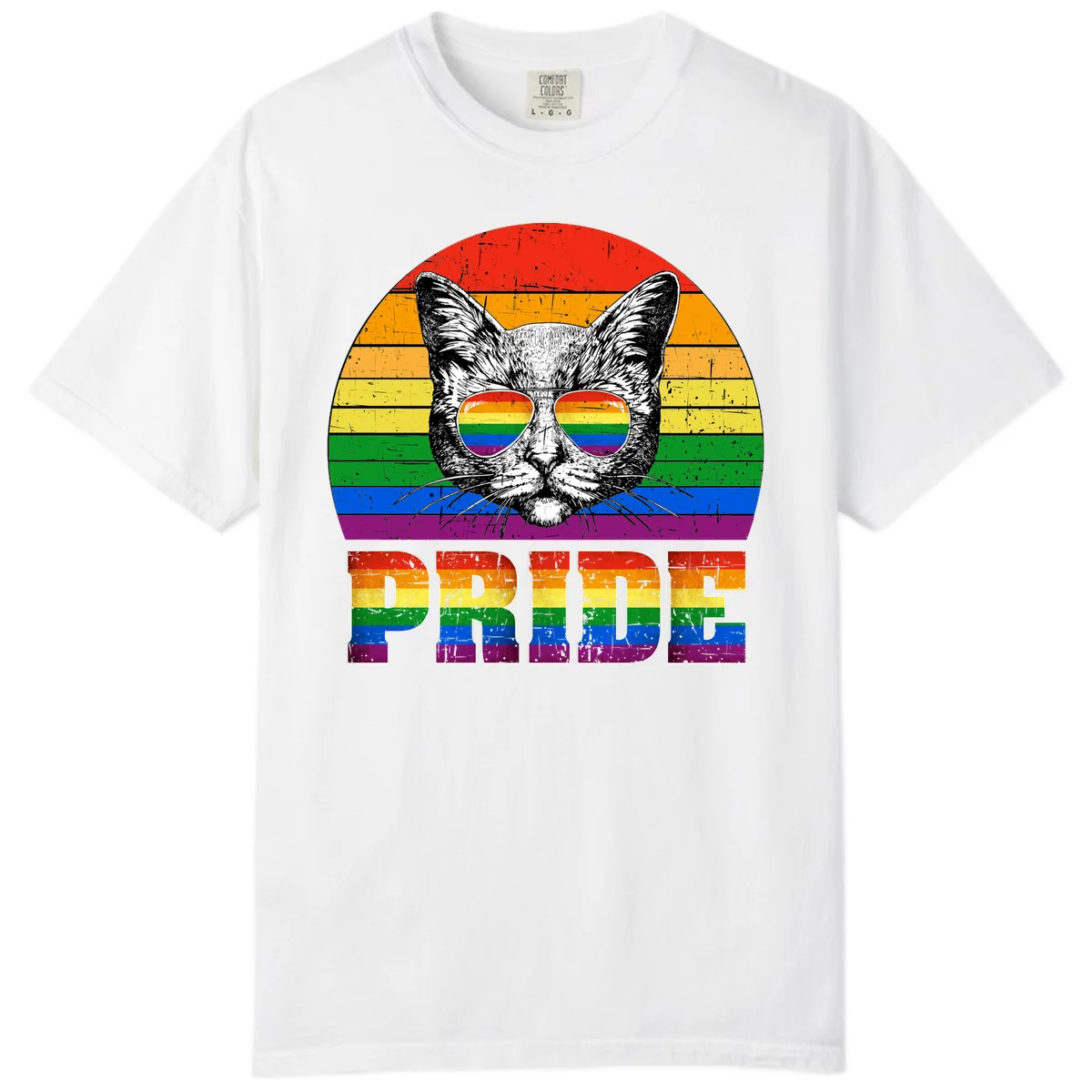Illustration of a cool cat wearing rainbow-reflective sunglasses with the word PRIDE below, set against a rainbow striped background in White