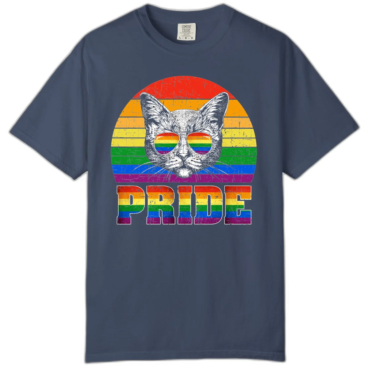 Illustration of a cool cat wearing rainbow-reflective sunglasses with the word PRIDE below, set against a rainbow striped background in Midnight