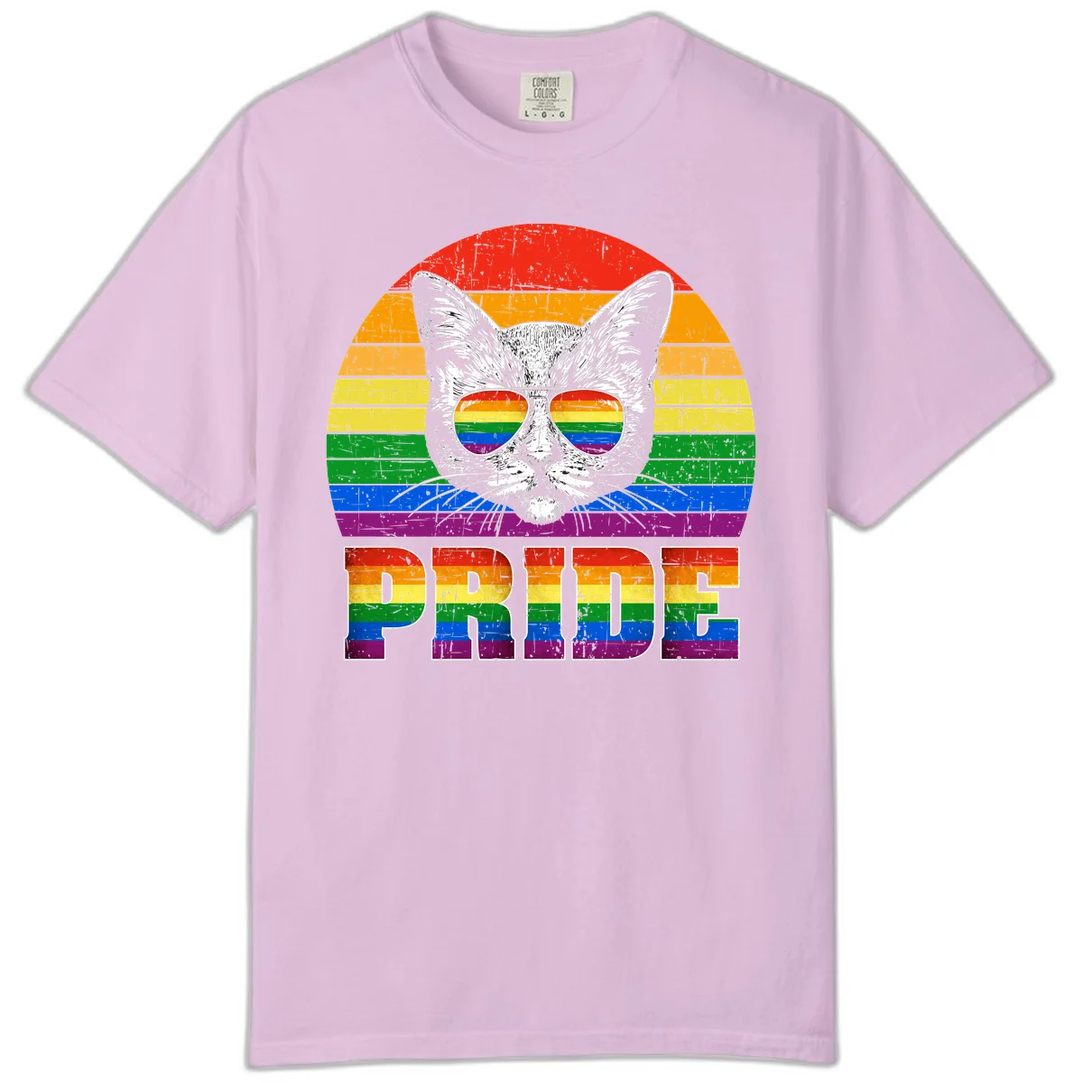 Illustration of a cool cat wearing rainbow-reflective sunglasses with the word PRIDE below, set against a rainbow striped background in Orchid