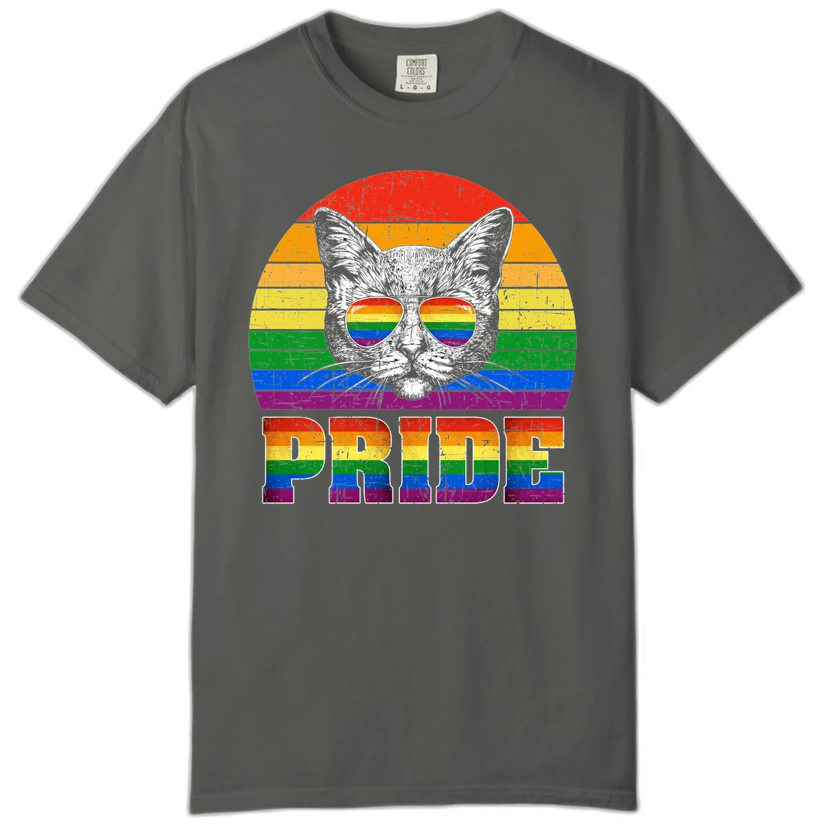 Illustration of a cool cat wearing rainbow-reflective sunglasses with the word PRIDE below, set against a rainbow striped background in Pepper