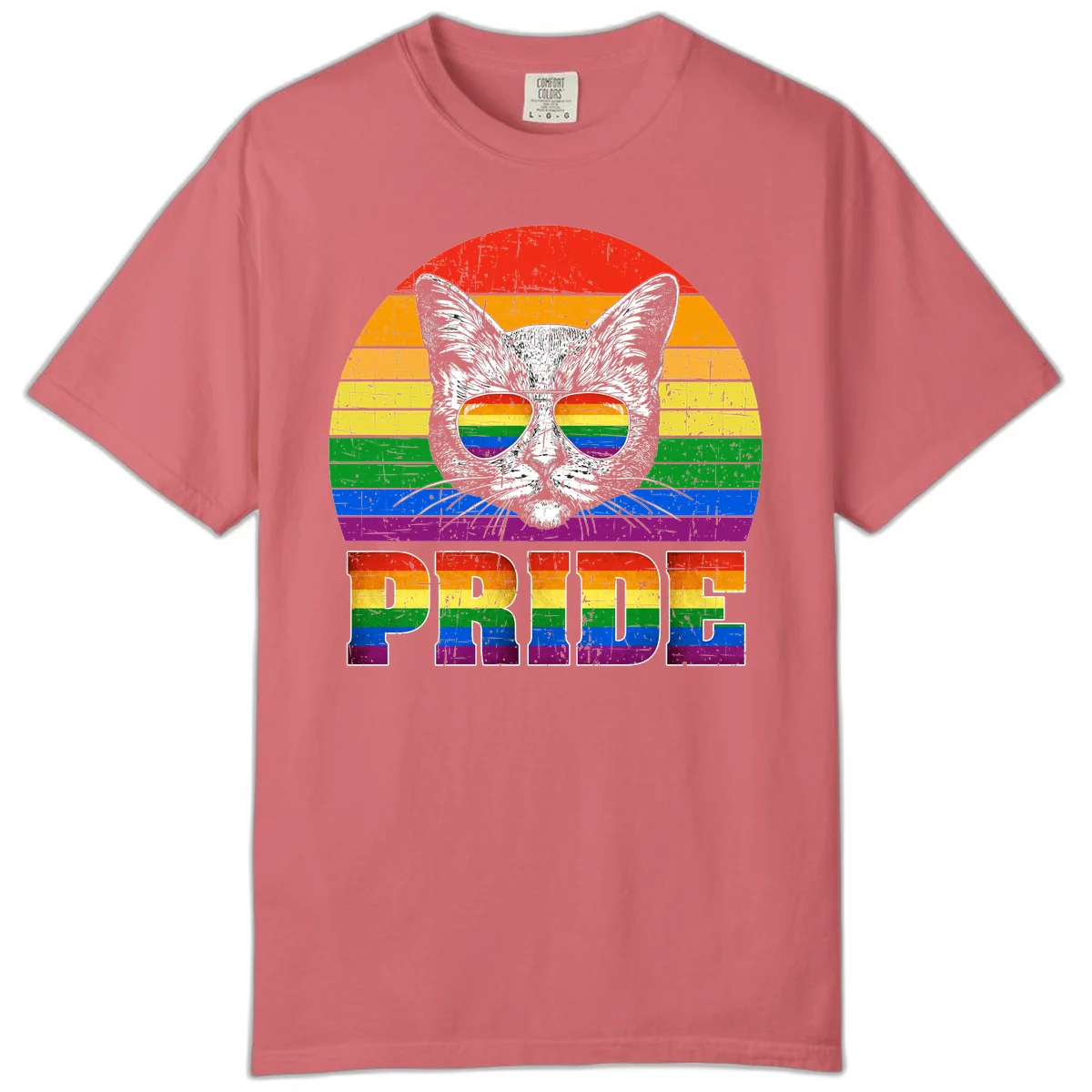 Illustration of a cool cat wearing rainbow-reflective sunglasses with the word PRIDE below, set against a rainbow striped background in Watermelon
