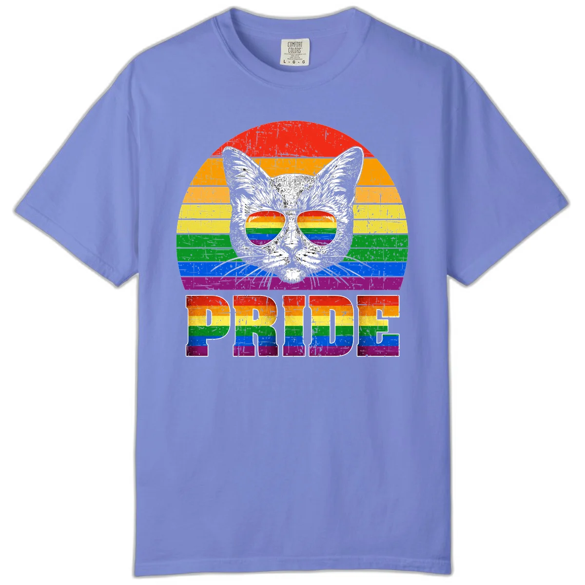 Illustration of a cool cat wearing rainbow-reflective sunglasses with the word PRIDE below, set against a rainbow striped background in Flo Blue