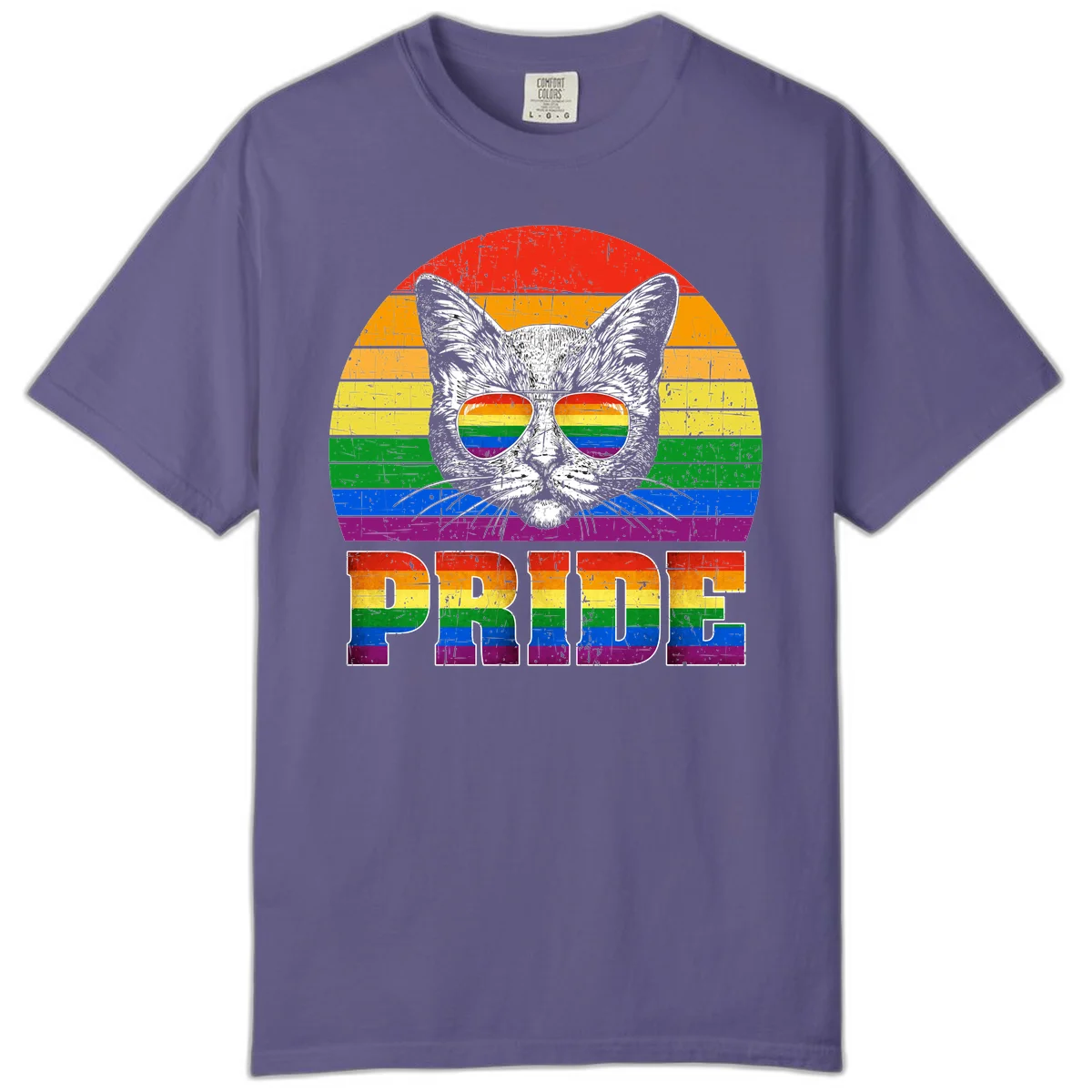 Illustration of a cool cat wearing rainbow-reflective sunglasses with the word PRIDE below, set against a rainbow striped background in Grape