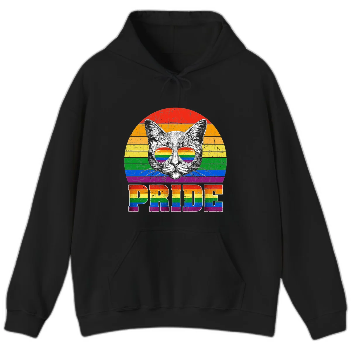 Illustration of a cool cat wearing rainbow-reflective sunglasses with the word PRIDE below, set against a rainbow striped background in Black
