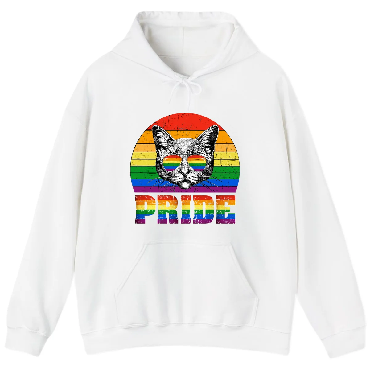 Illustration of a cool cat wearing rainbow-reflective sunglasses with the word PRIDE below, set against a rainbow striped background in White
