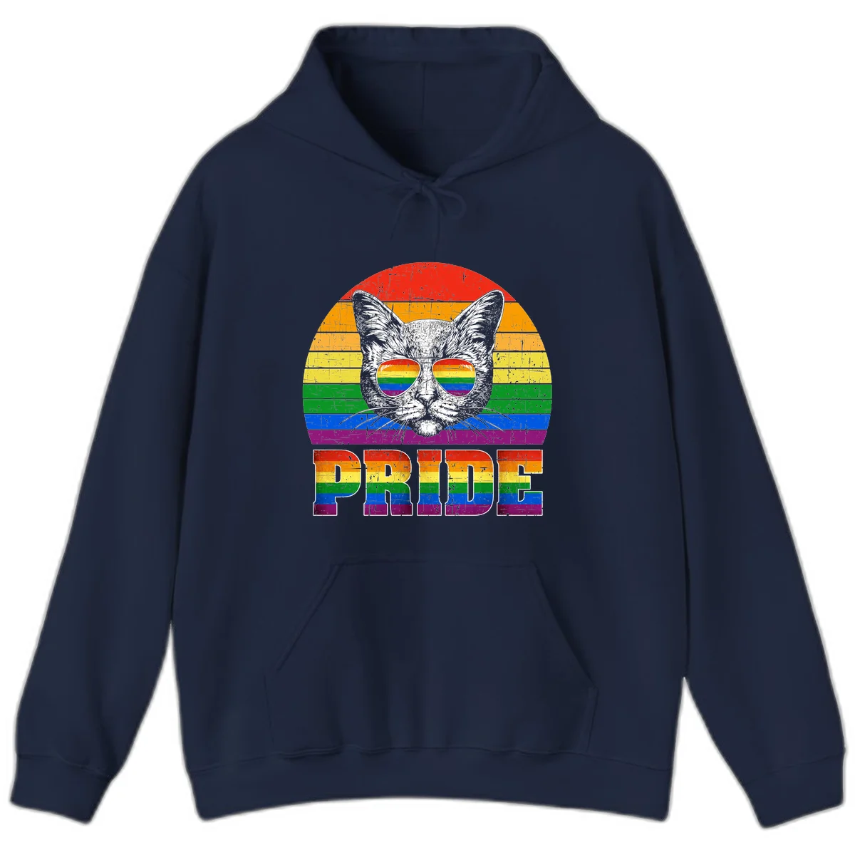 Illustration of a cool cat wearing rainbow-reflective sunglasses with the word PRIDE below, set against a rainbow striped background in Navy