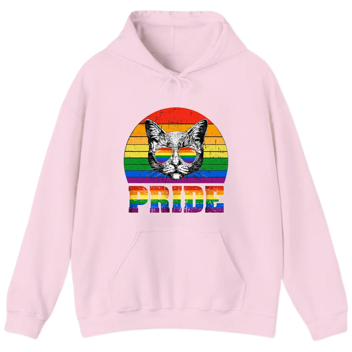 Illustration of a cool cat wearing rainbow-reflective sunglasses with the word PRIDE below, set against a rainbow striped background in Light Pink