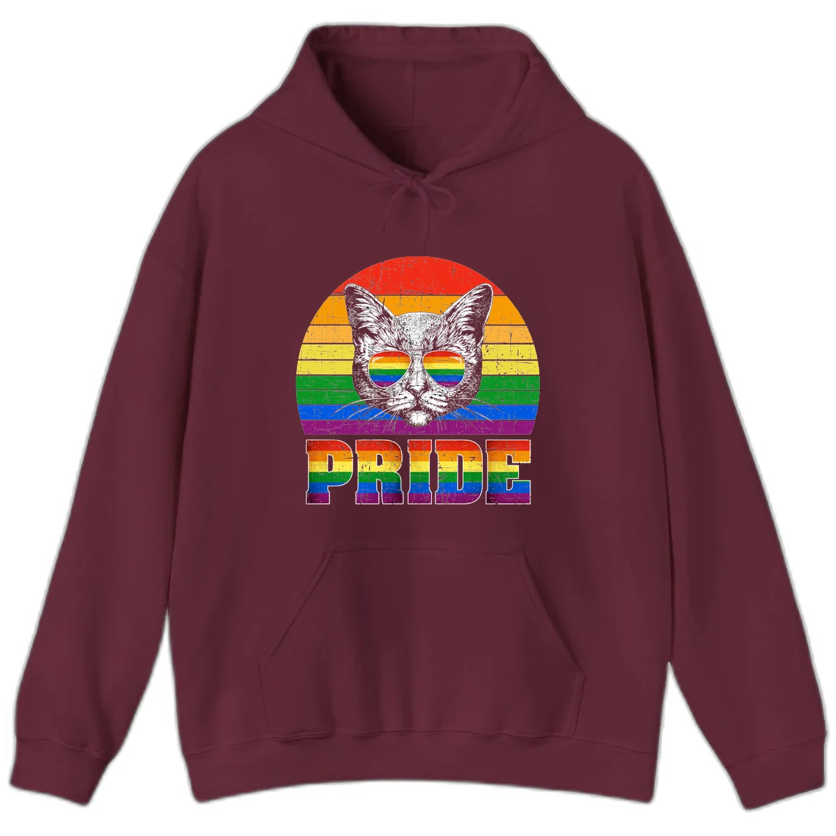 Illustration of a cool cat wearing rainbow-reflective sunglasses with the word PRIDE below, set against a rainbow striped background in Maroon