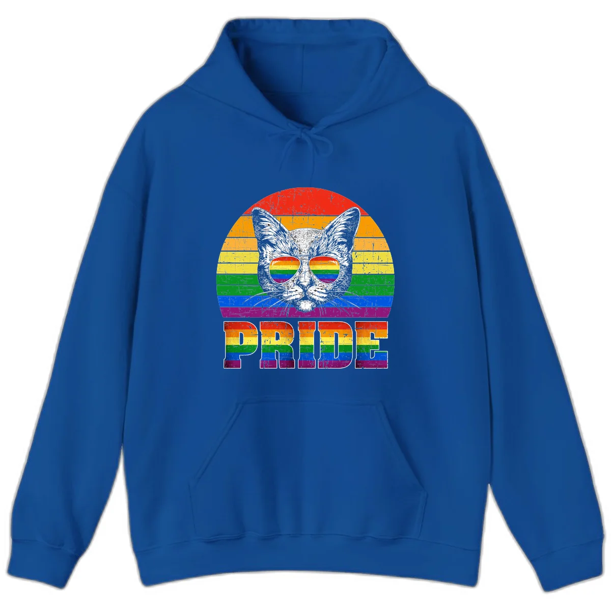Illustration of a cool cat wearing rainbow-reflective sunglasses with the word PRIDE below, set against a rainbow striped background in Royal