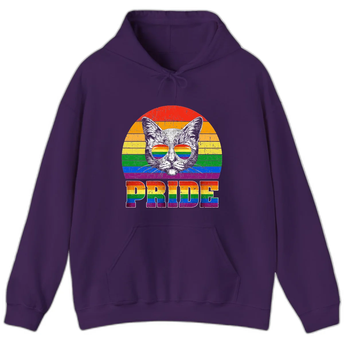 Illustration of a cool cat wearing rainbow-reflective sunglasses with the word PRIDE below, set against a rainbow striped background in Purple