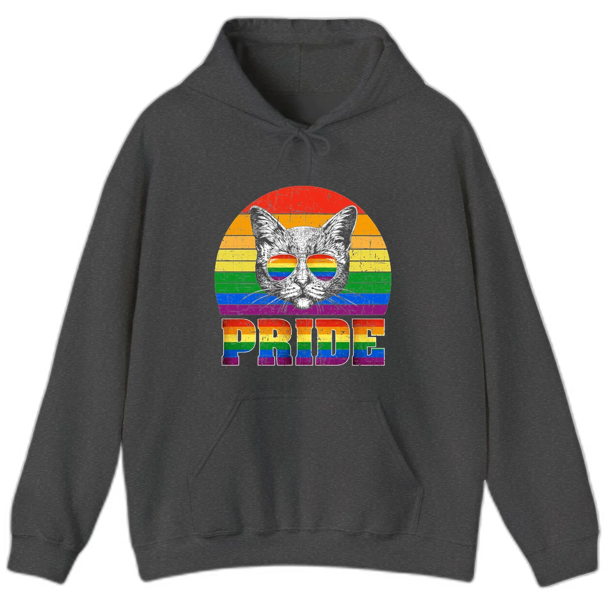 Illustration of a cool cat wearing rainbow-reflective sunglasses with the word PRIDE below, set against a rainbow striped background in Dark Heather