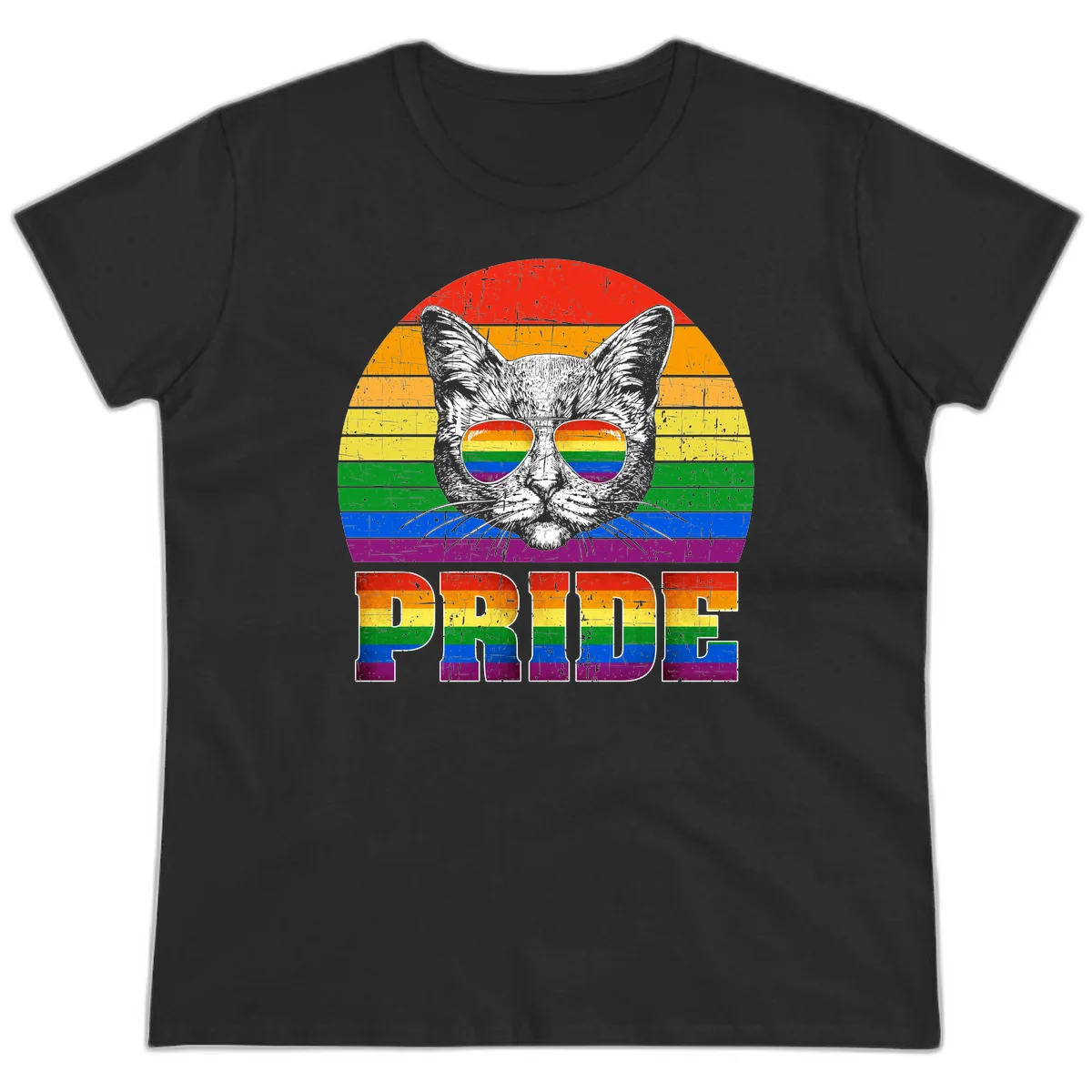 Illustration of a cool cat wearing rainbow-reflective sunglasses with the word PRIDE below, set against a rainbow striped background in Black