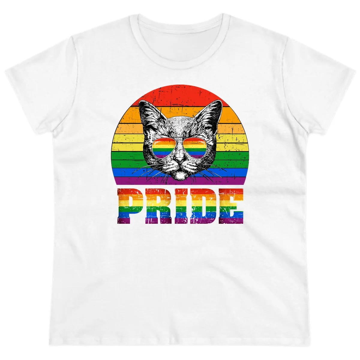 Illustration of a cool cat wearing rainbow-reflective sunglasses with the word PRIDE below, set against a rainbow striped background in White