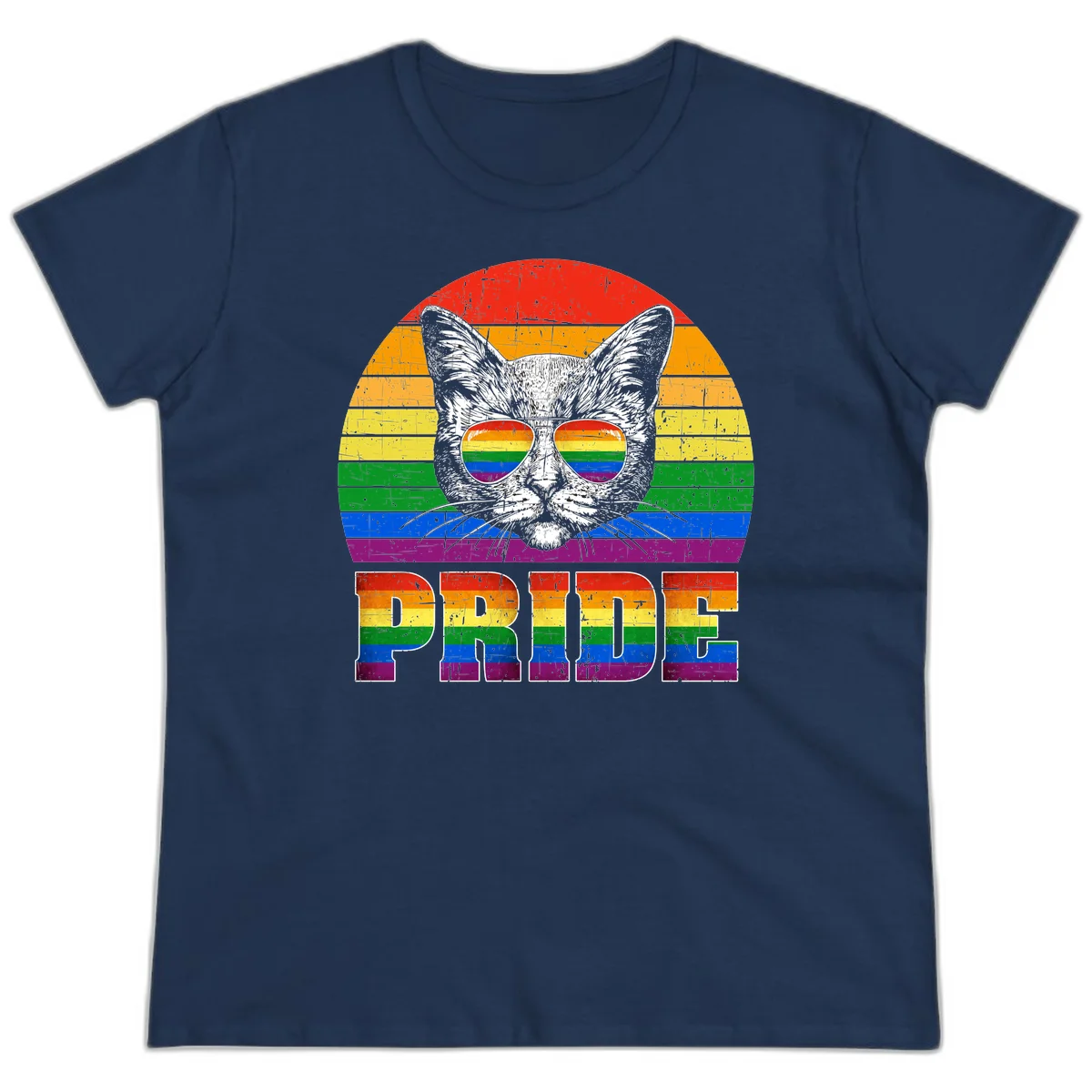 Illustration of a cool cat wearing rainbow-reflective sunglasses with the word PRIDE below, set against a rainbow striped background in Navy