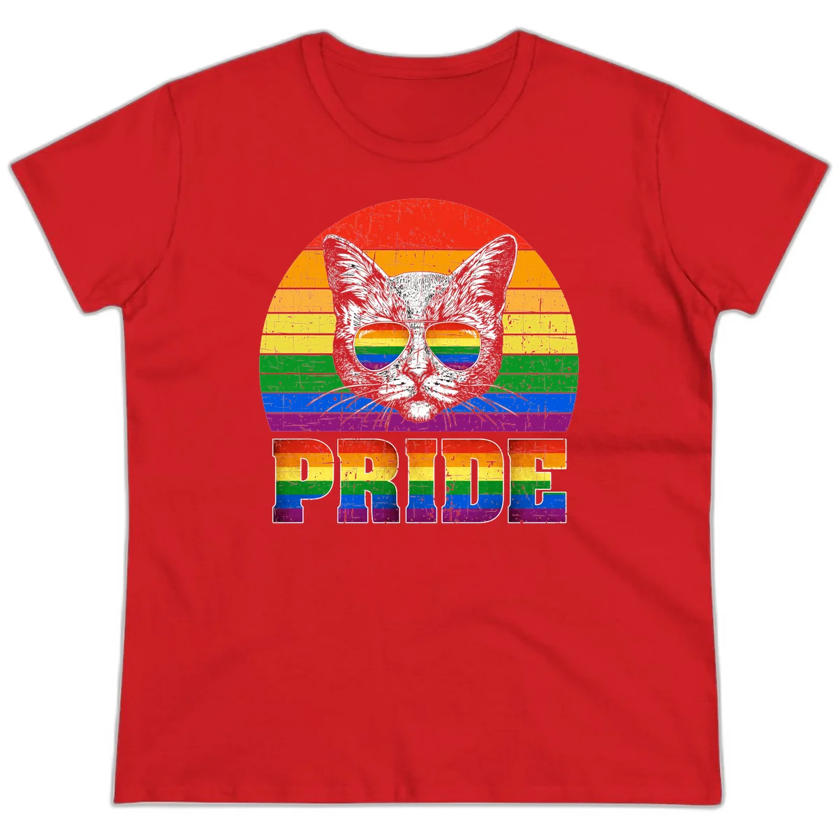 Illustration of a cool cat wearing rainbow-reflective sunglasses with the word PRIDE below, set against a rainbow striped background in Red
