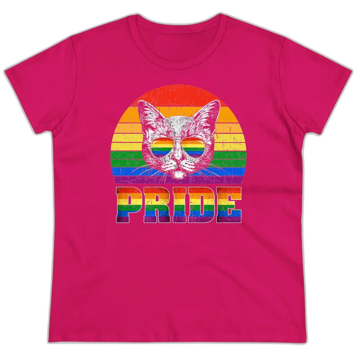 Illustration of a cool cat wearing rainbow-reflective sunglasses with the word PRIDE below, set against a rainbow striped background in Heliconia