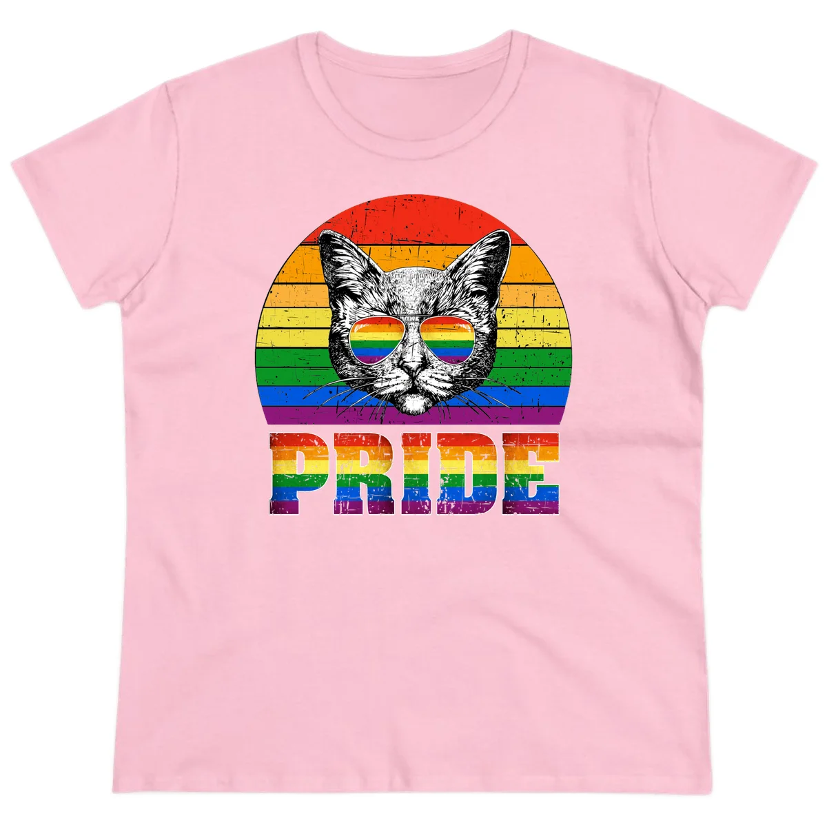 Illustration of a cool cat wearing rainbow-reflective sunglasses with the word PRIDE below, set against a rainbow striped background in Light Pink