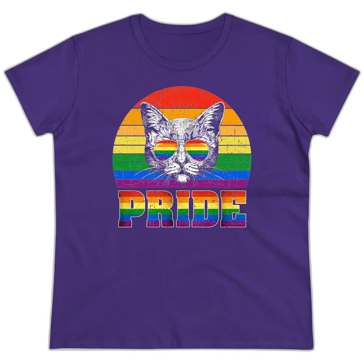 Illustration of a cool cat wearing rainbow-reflective sunglasses with the word PRIDE below, set against a rainbow striped background in Purple