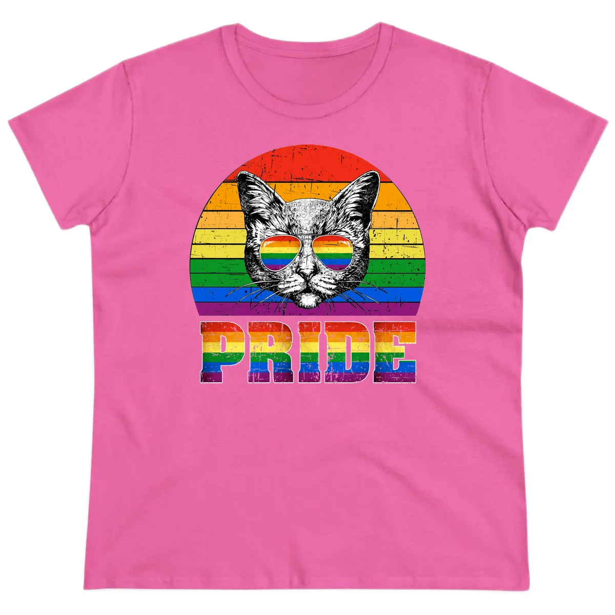 Illustration of a cool cat wearing rainbow-reflective sunglasses with the word PRIDE below, set against a rainbow striped background in Azalea