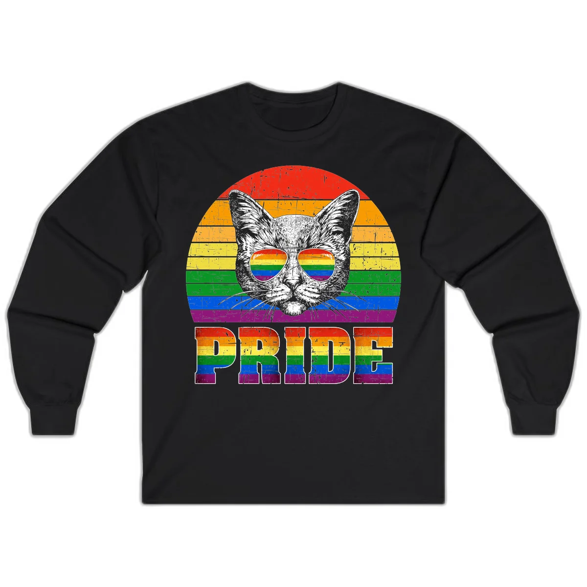 Illustration of a cool cat wearing rainbow-reflective sunglasses with the word PRIDE below, set against a rainbow striped background in Black