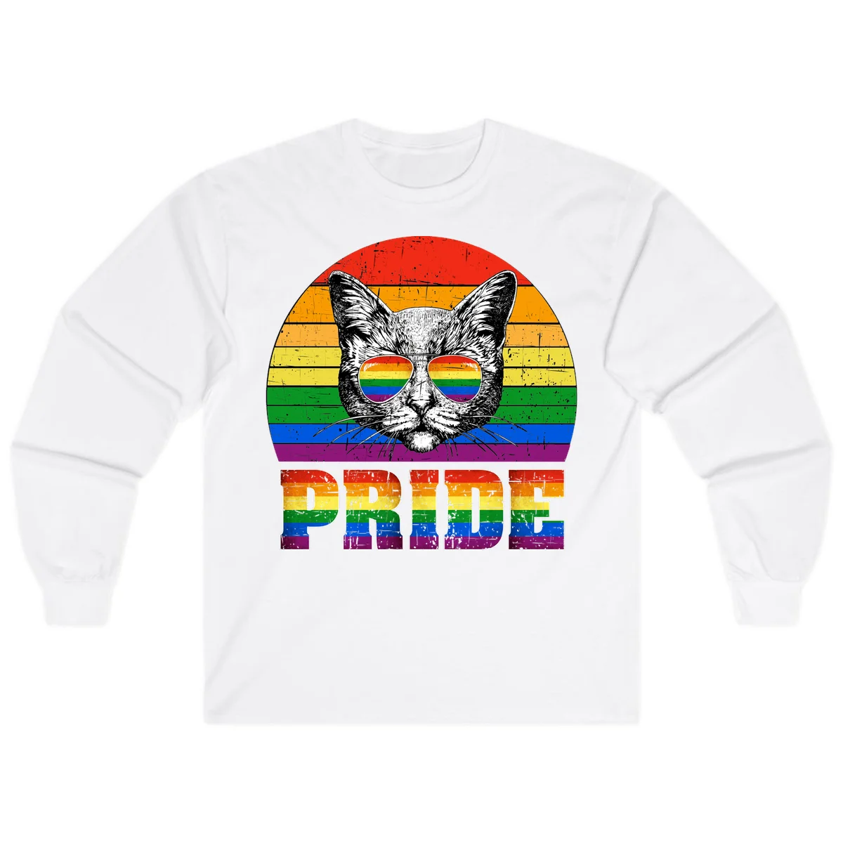 Illustration of a cool cat wearing rainbow-reflective sunglasses with the word PRIDE below, set against a rainbow striped background in White