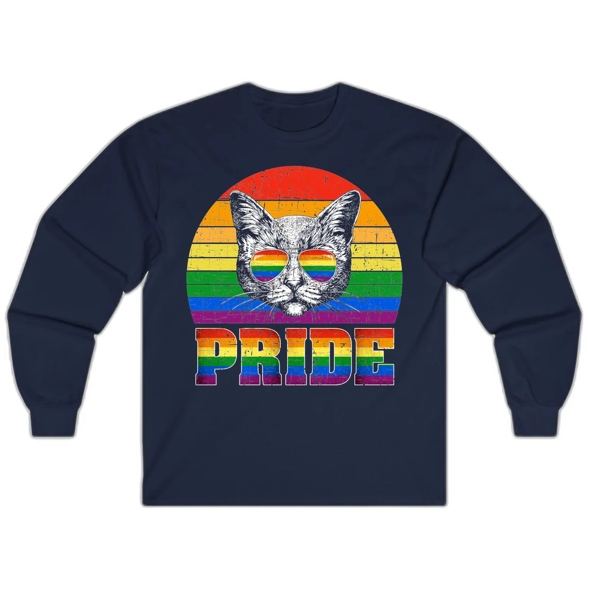 Illustration of a cool cat wearing rainbow-reflective sunglasses with the word PRIDE below, set against a rainbow striped background in Navy