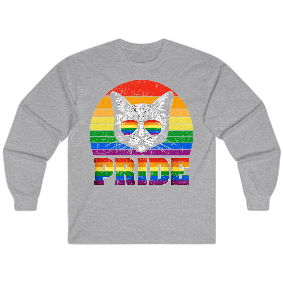 Illustration of a cool cat wearing rainbow-reflective sunglasses with the word PRIDE below, set against a rainbow striped background in Sport Grey