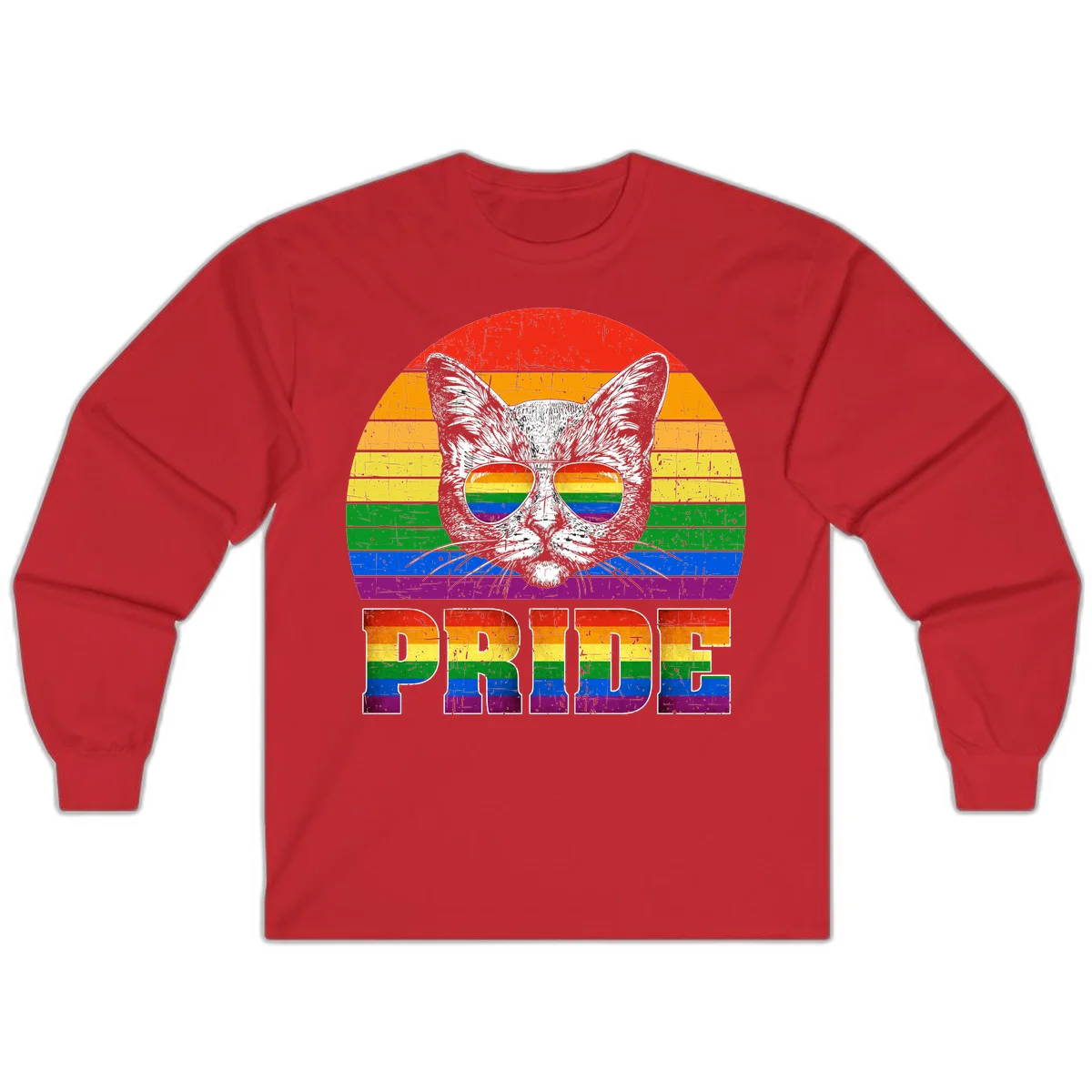Illustration of a cool cat wearing rainbow-reflective sunglasses with the word PRIDE below, set against a rainbow striped background in Red