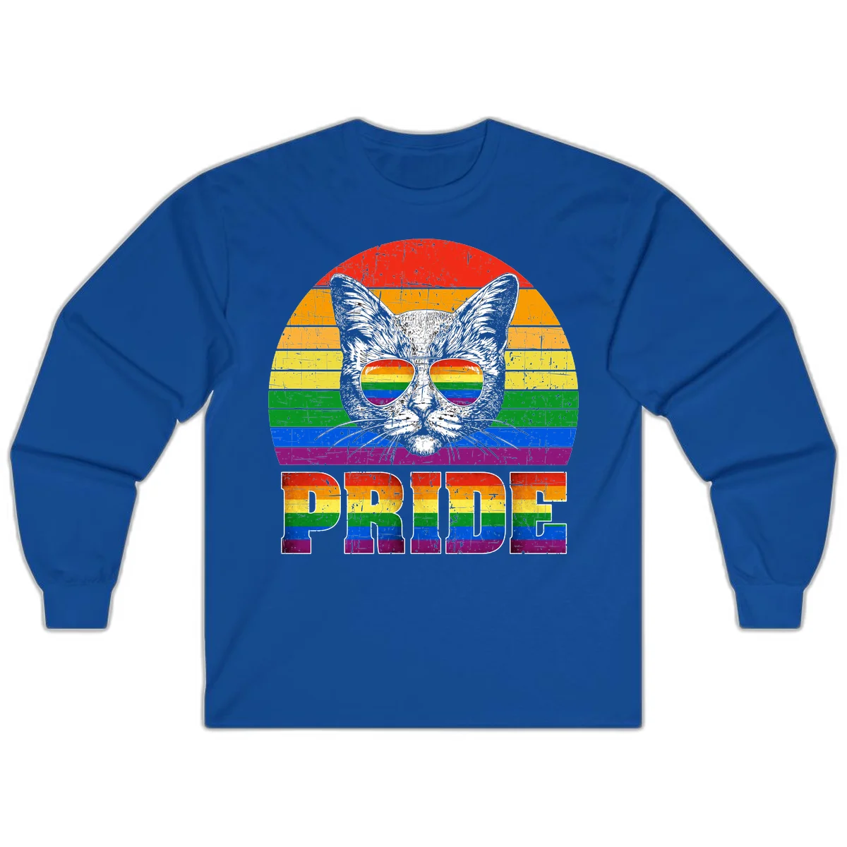 Illustration of a cool cat wearing rainbow-reflective sunglasses with the word PRIDE below, set against a rainbow striped background in Royal