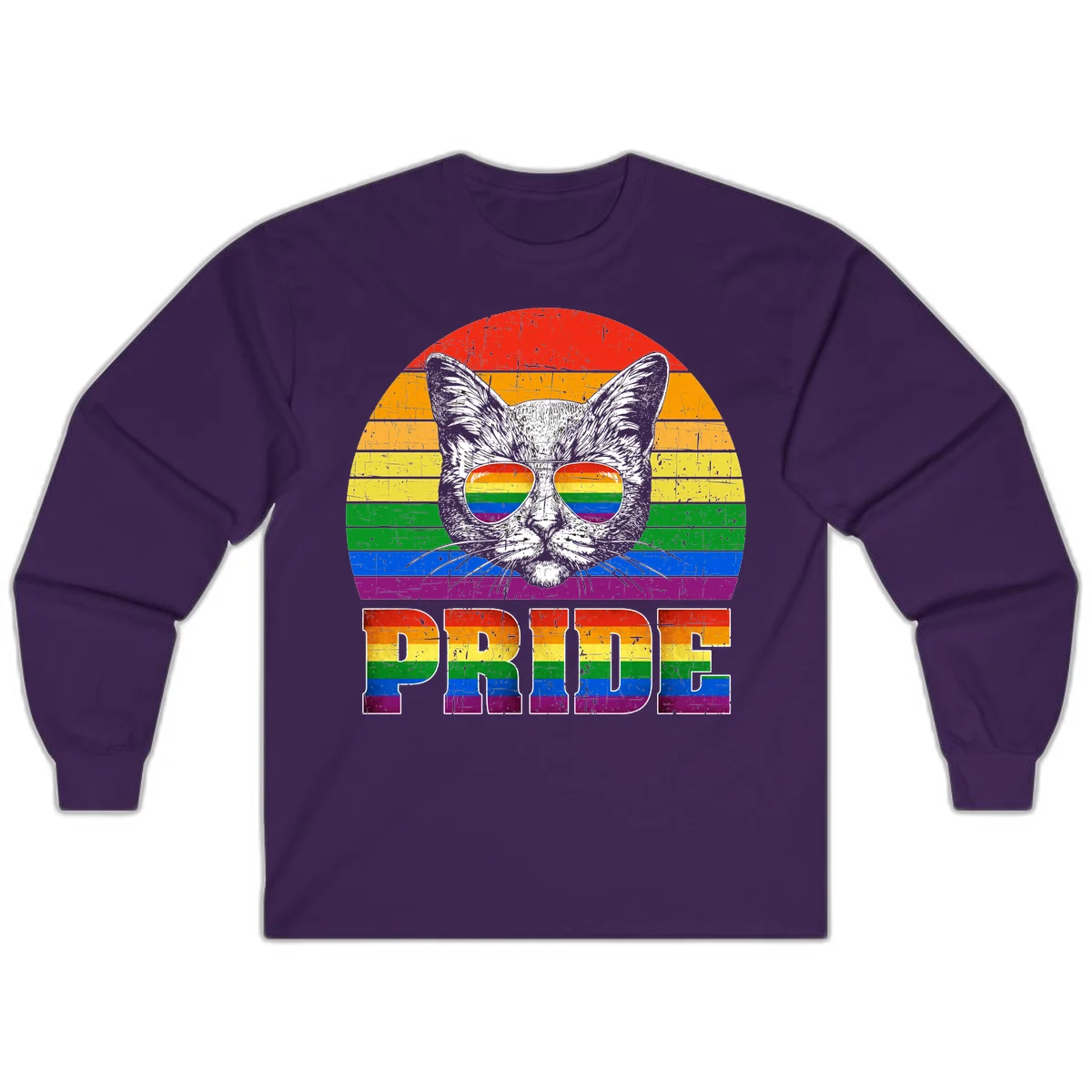 Illustration of a cool cat wearing rainbow-reflective sunglasses with the word PRIDE below, set against a rainbow striped background in Purple
