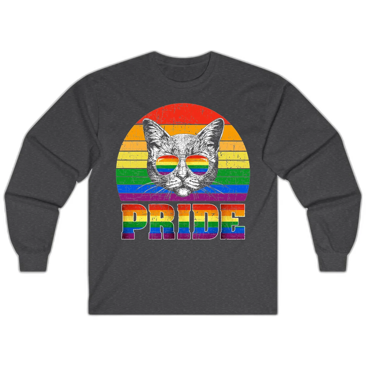 Illustration of a cool cat wearing rainbow-reflective sunglasses with the word PRIDE below, set against a rainbow striped background in Dark Heather