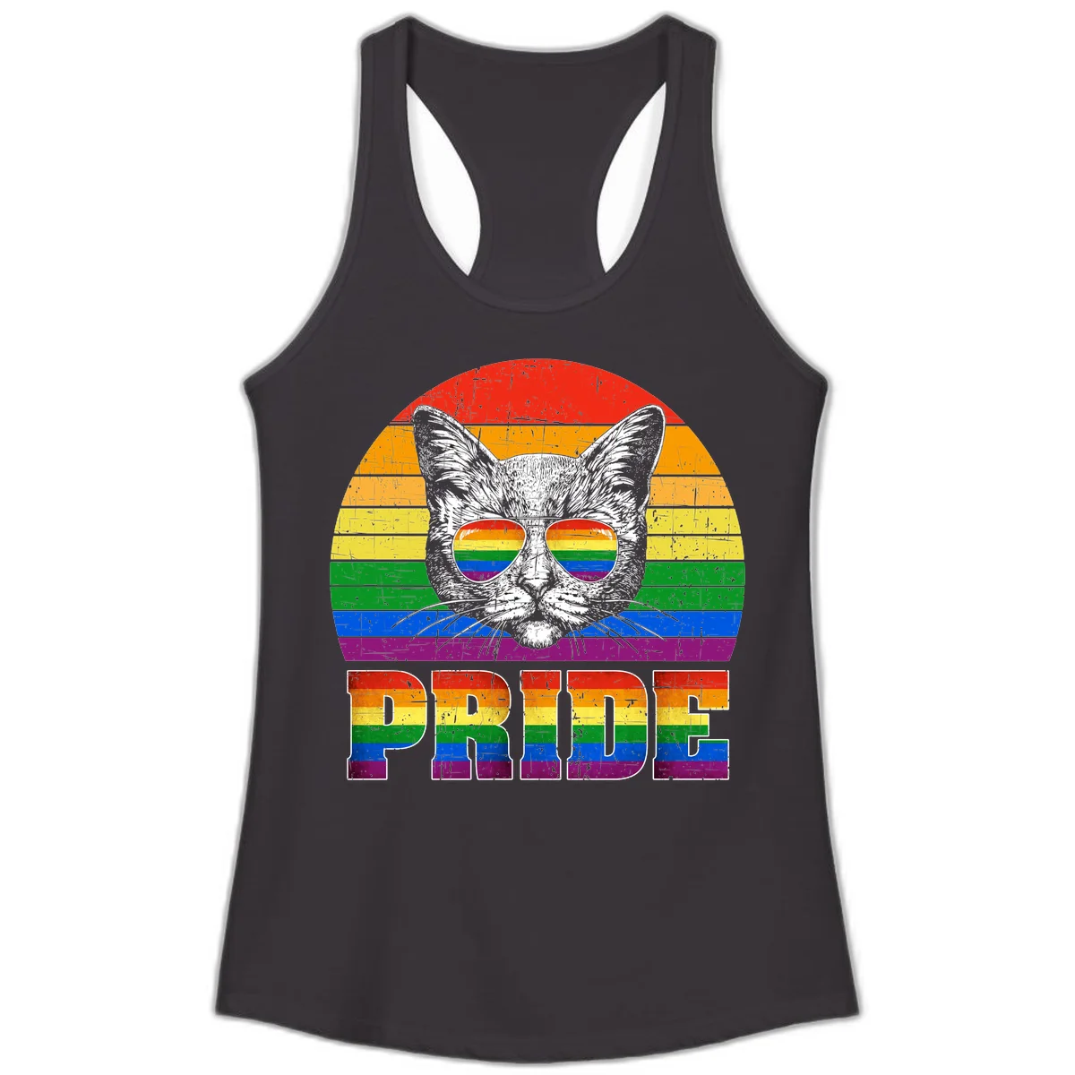 Illustration of a cool cat wearing rainbow-reflective sunglasses with the word PRIDE below, set against a rainbow striped background in Black